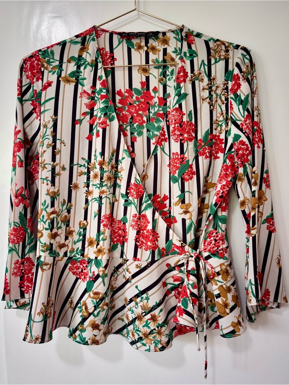 Zara| Striped White Floral Peplum Wrap Blouse in Black, Res & Green Sz M